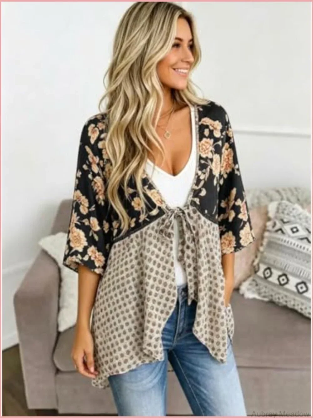 Floral Patchwork Kimono Cardigan - 3/4 Sleeve Tie Front Beach Cover Up